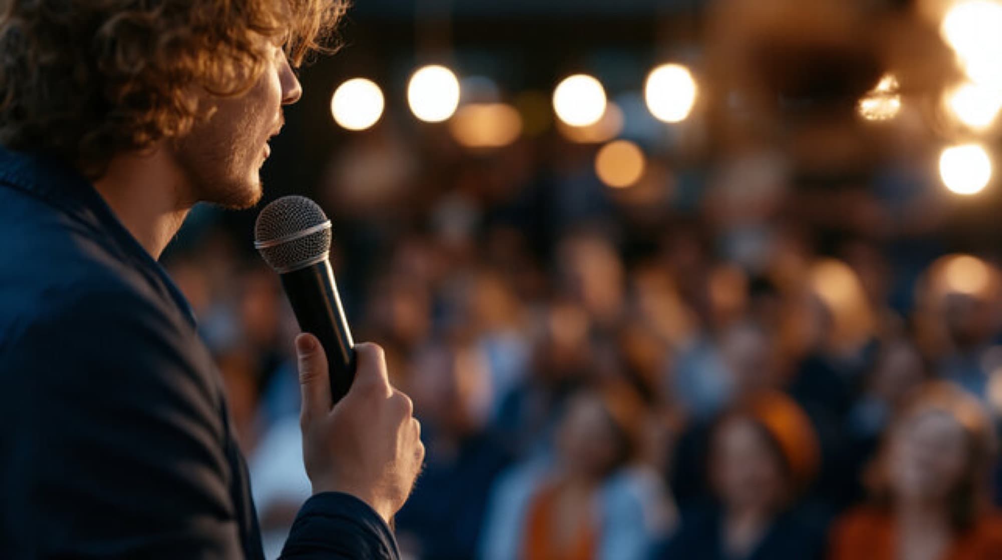 A comic close on the mic during a roast battle.