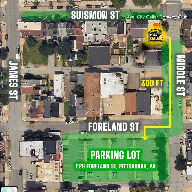 Aerial map of the North Side. Steel City Cellar sits on Suismon St; the parking lot at 529 Foreland St is 300 feet away, down Middle St.